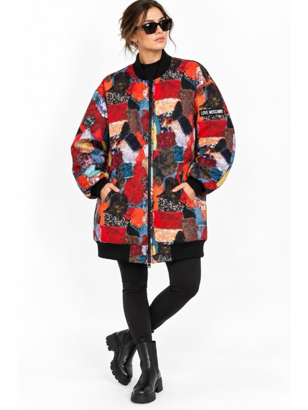 LOVE MOSCHINO WOMENS M patchwork print long bomber jacket quilted puffer coat